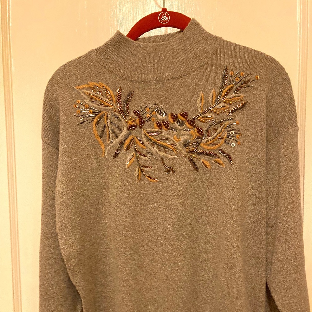 Hand-Beaded Gray/Tan Beautiful, Mock-neck, Long-sleeves, Soft Sweater